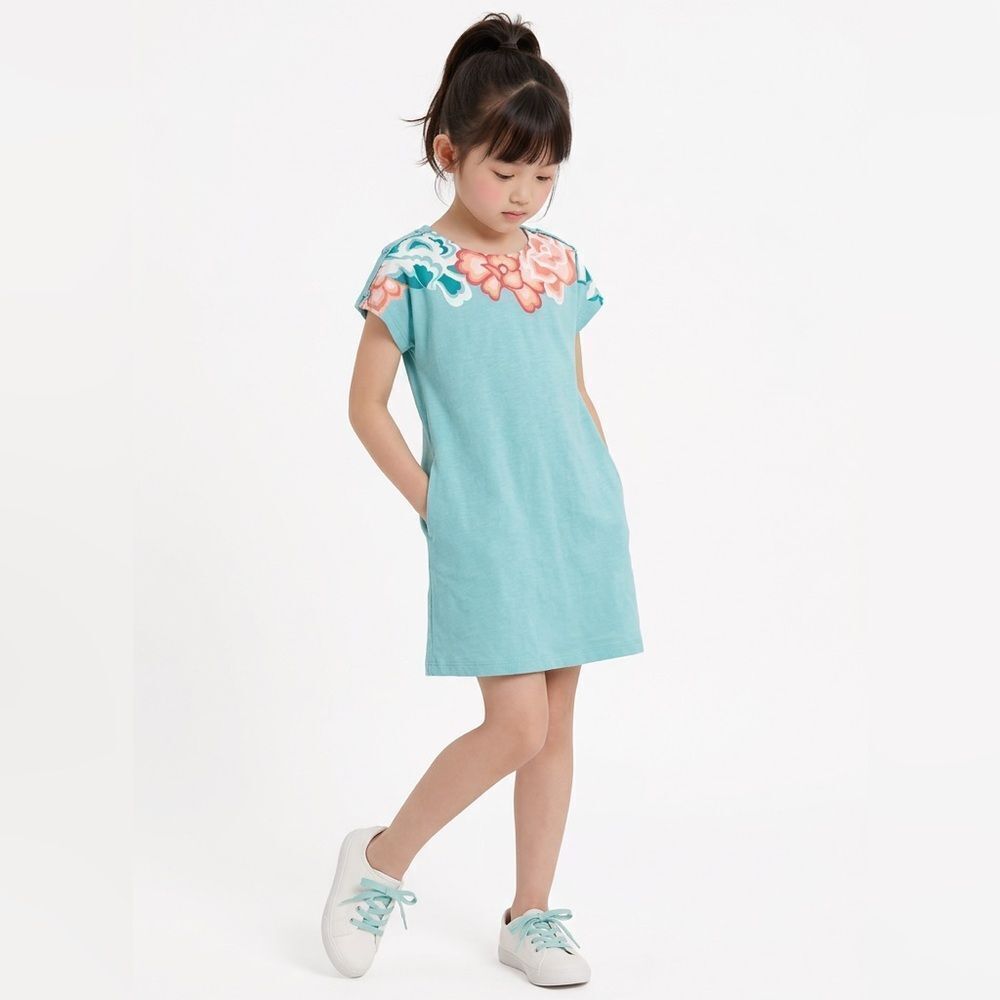 Tea Collection teal and peach floral short sleeve knit dress with pockets size 6